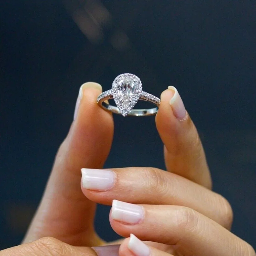 Elegant Water Drop Bright Zircon Thin Pear Wedding Ring for Women, PD510
